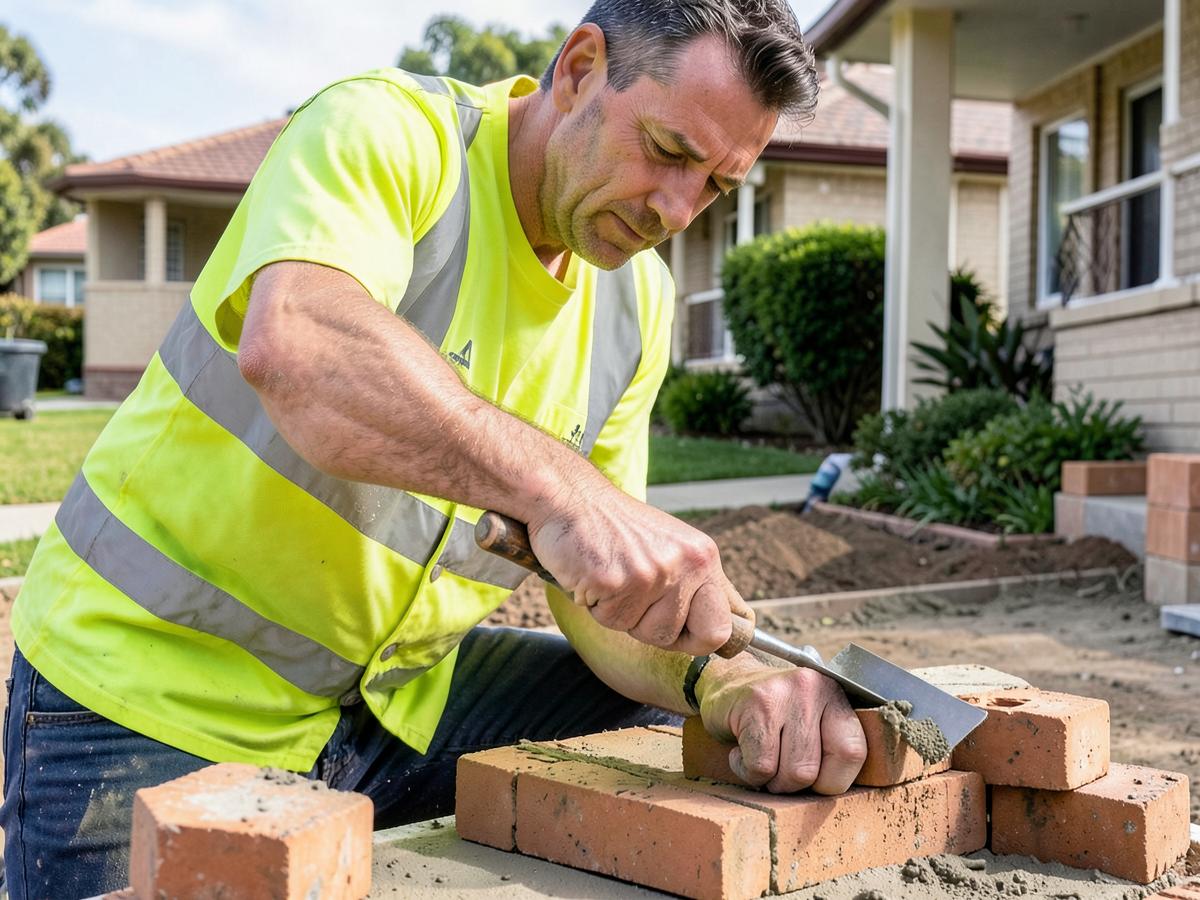 Bricklayer laying bricks on a Sydney residential job