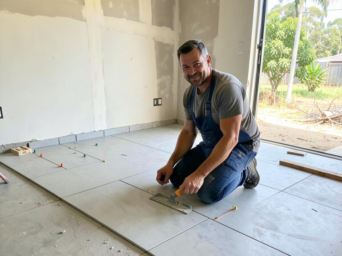Tiler laying floor tiles inside a new home